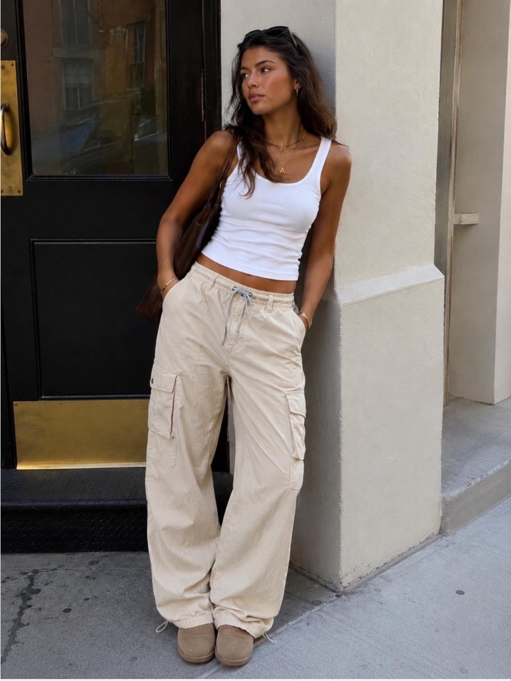 Madden NYC Cream Wide Leg Cargo Parachute Pants Drawstring Cotton Small